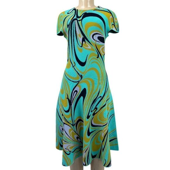 EMILIO PUCCI Turquoise Onde Print Fit & Flare Knit Knee Length Dress Siz… - Picture 6 of 14